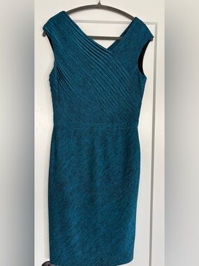 Kay Unger Teal Sleeveless Pleated Sheath Midi Dress